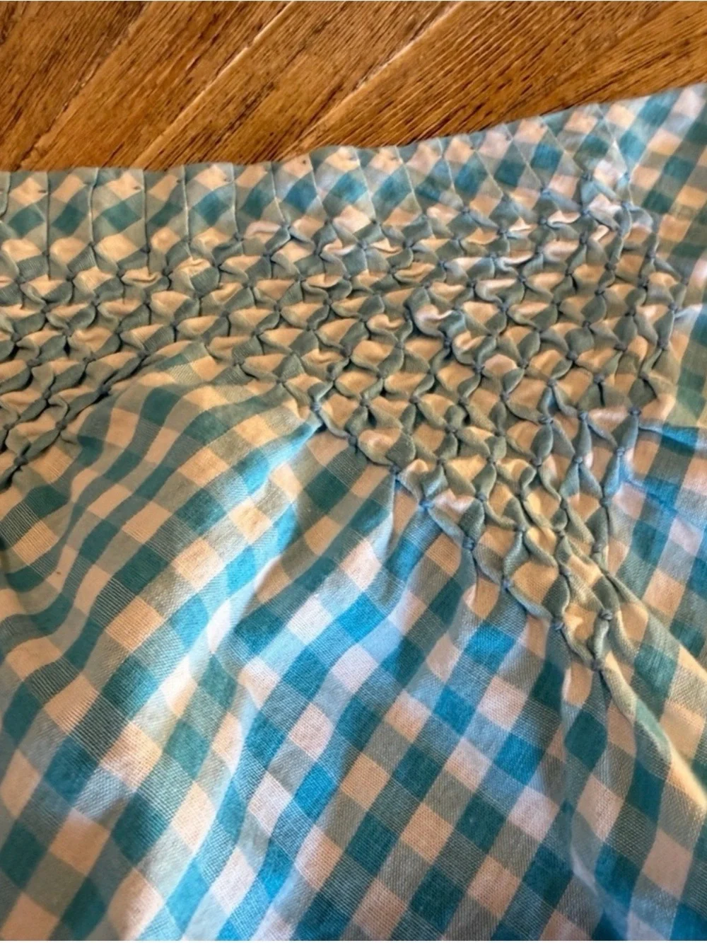 Vintage Blue Gingham Smocked Half Apron Tie Waist Pocket Cottagecore Prairie 50s